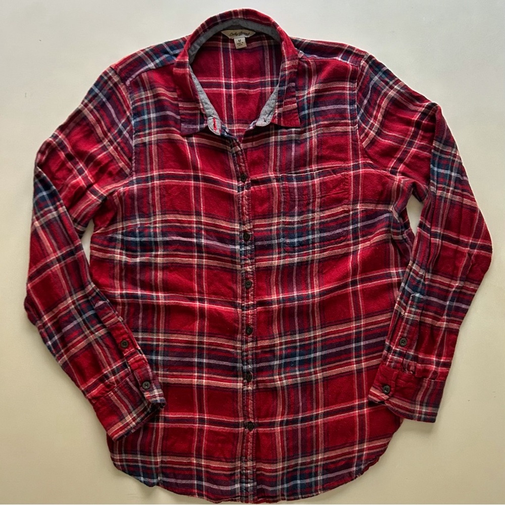 Lucky Brand Red Navy Plaid Button Down Shirt Split Back Button Detail Size M